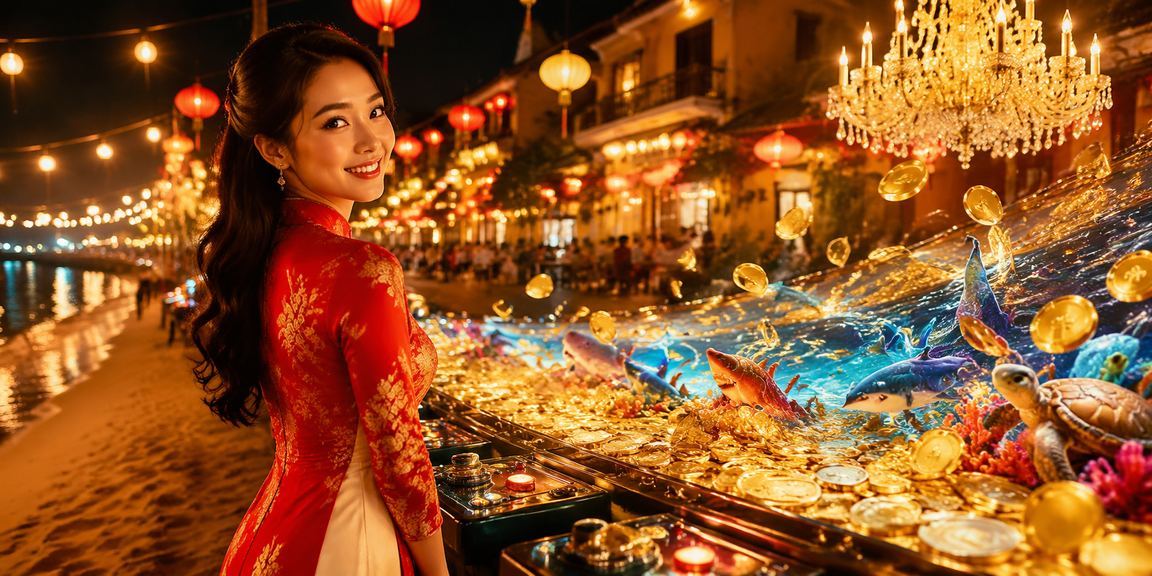 Không gian casino soxo tại Hội An, áo dài truyền thống và ánh đèn neon
